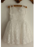 Ivory Lace Deep V Back Tulle Knee Length Flower Girl Dress